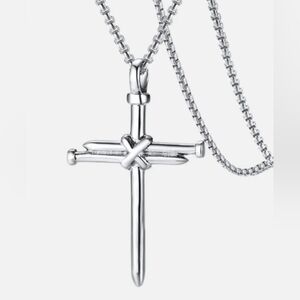 Men's Silver Cross Pendant Necklace - Polished Stainless Steel